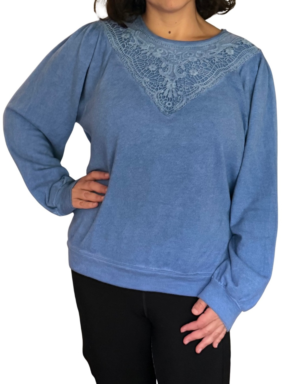 Democracy Blue Crochet Lace Pullover Sweatshirt Sz XL Long Sleeve Boho Knit Top